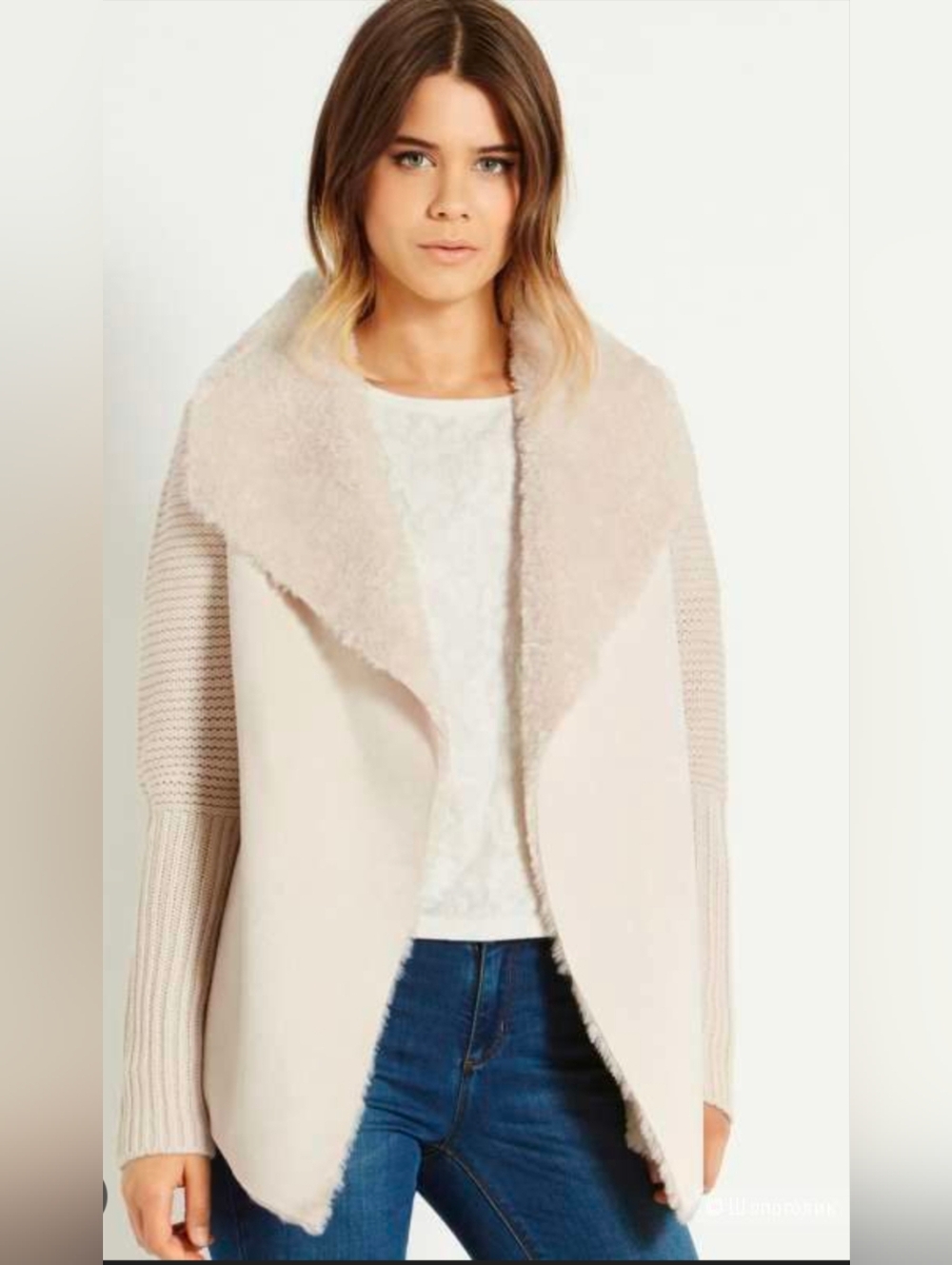 Open-Front Faux Shearling Suede Cardigan Sweater - Cream